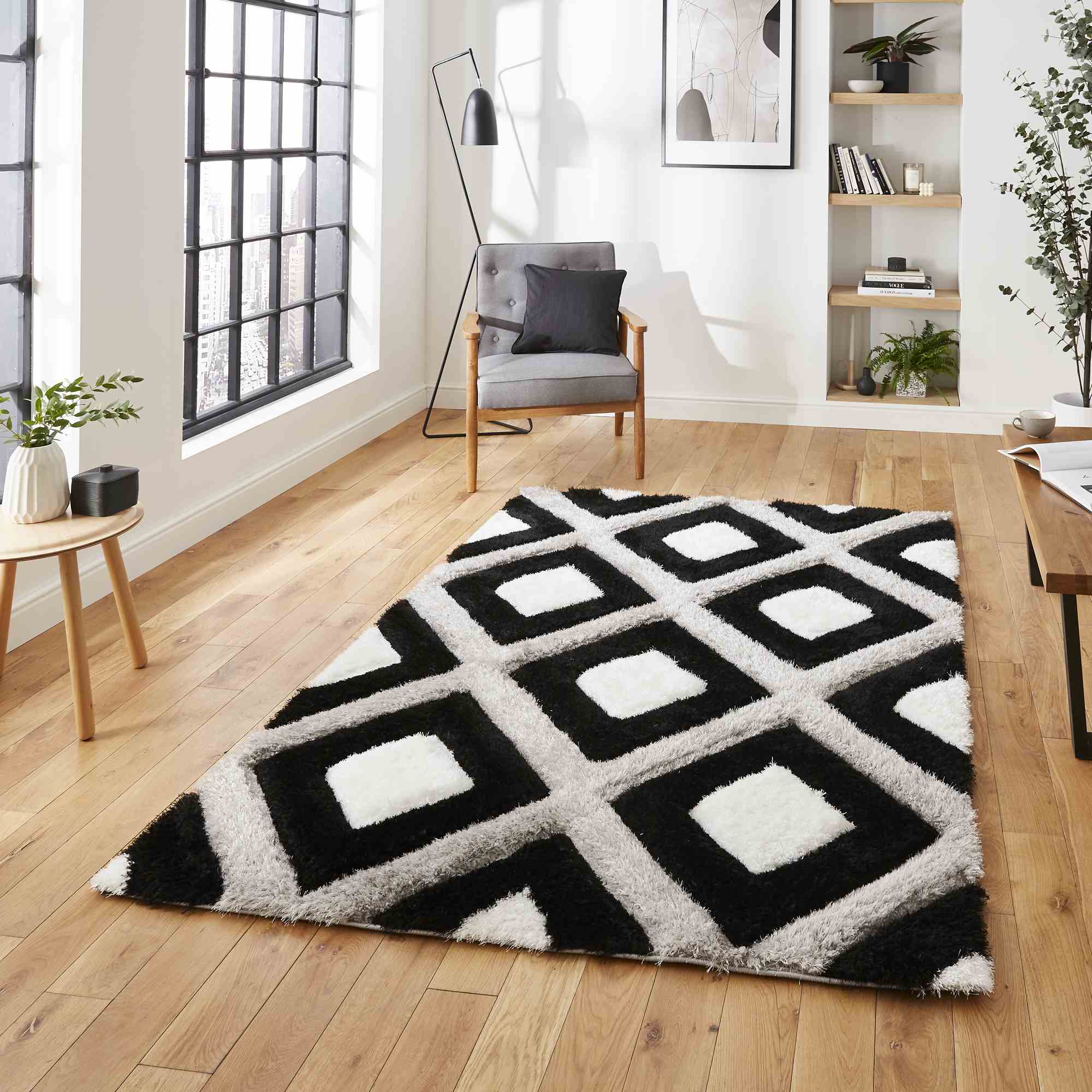 Photos - Area Rug Olympia GR224 Modern Geometric Shaggy Rugs in Black White120X170cm OLYGR22